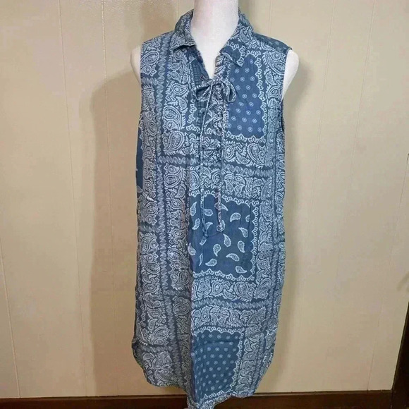 Christina B Sleeveless Small Denim Chambray Paisley Print Lace Up Tunic Dress. - Picture 1 of 12